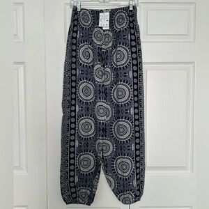 Lotus and Luna Boho Wide Leg Harem Pants - Navy White Printed - Size MP - NWT